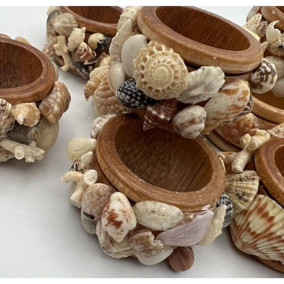 Set 8 Vtg Mixed Sea Shell Wood Napkin Rings Beach Ocean Nautical Boho - Picture 2 of 12